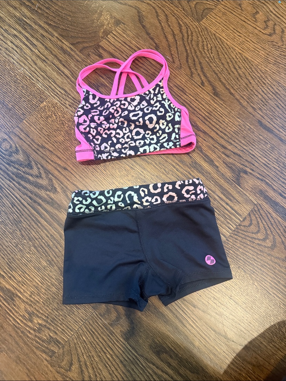 Girls Two-Piece Active Set - Black with Pink Leopard Trim